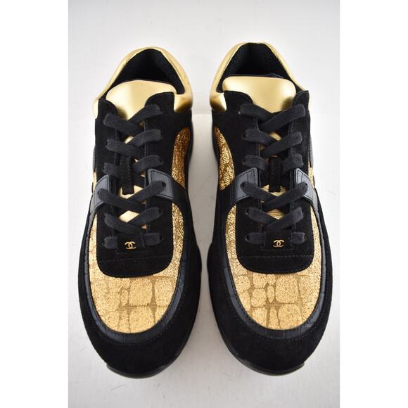 Chanel 19A Mens Black Gold Croc Suede CC Logo Low Top Trainer Sneaker 44 11 - Picture 8 of 14